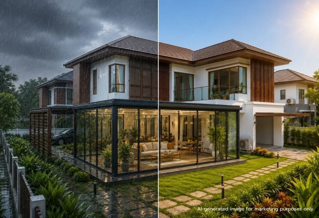 Glass House ที่ได้มาตรฐาน จะถูกออกแบบให้รองรับทั้งแดด ฝน และลม แต่สิ่งที่สำคัญไม่แพ้โครงสร้าง คือ “คุณสมบัติของกระจก” ที่ต้องสามารถรับมือกับสภาพอากาศเมืองไทยได้จริง